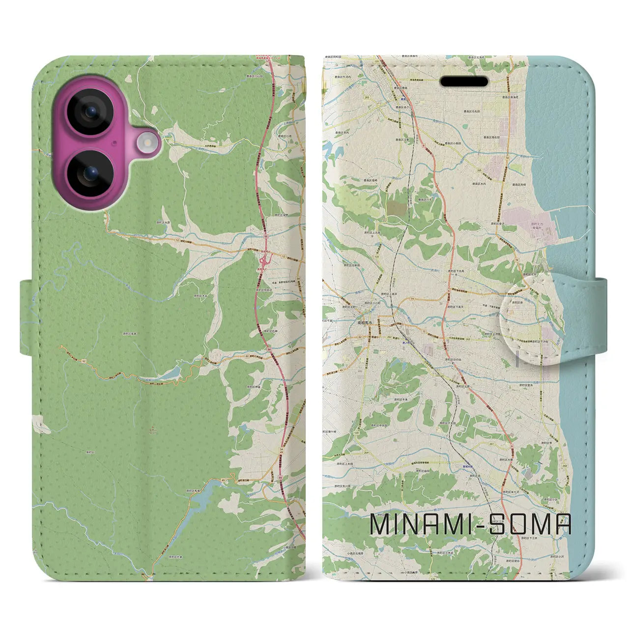 【南相馬(福島県)】地図柄iPhoneケース(手帳タイプ)ナチュラル・iPhone 16 Pro 用