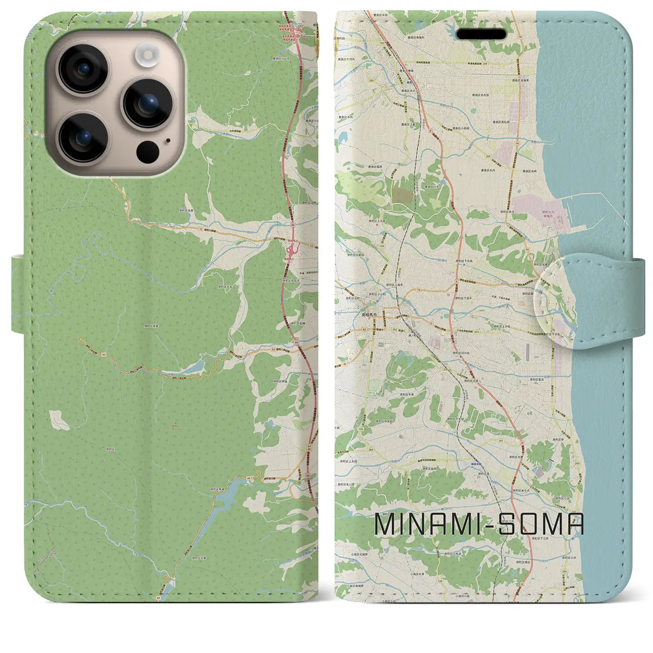 【南相馬(福島県)】地図柄iPhoneケース(手帳タイプ)ナチュラル・iPhone 16 Plus 用