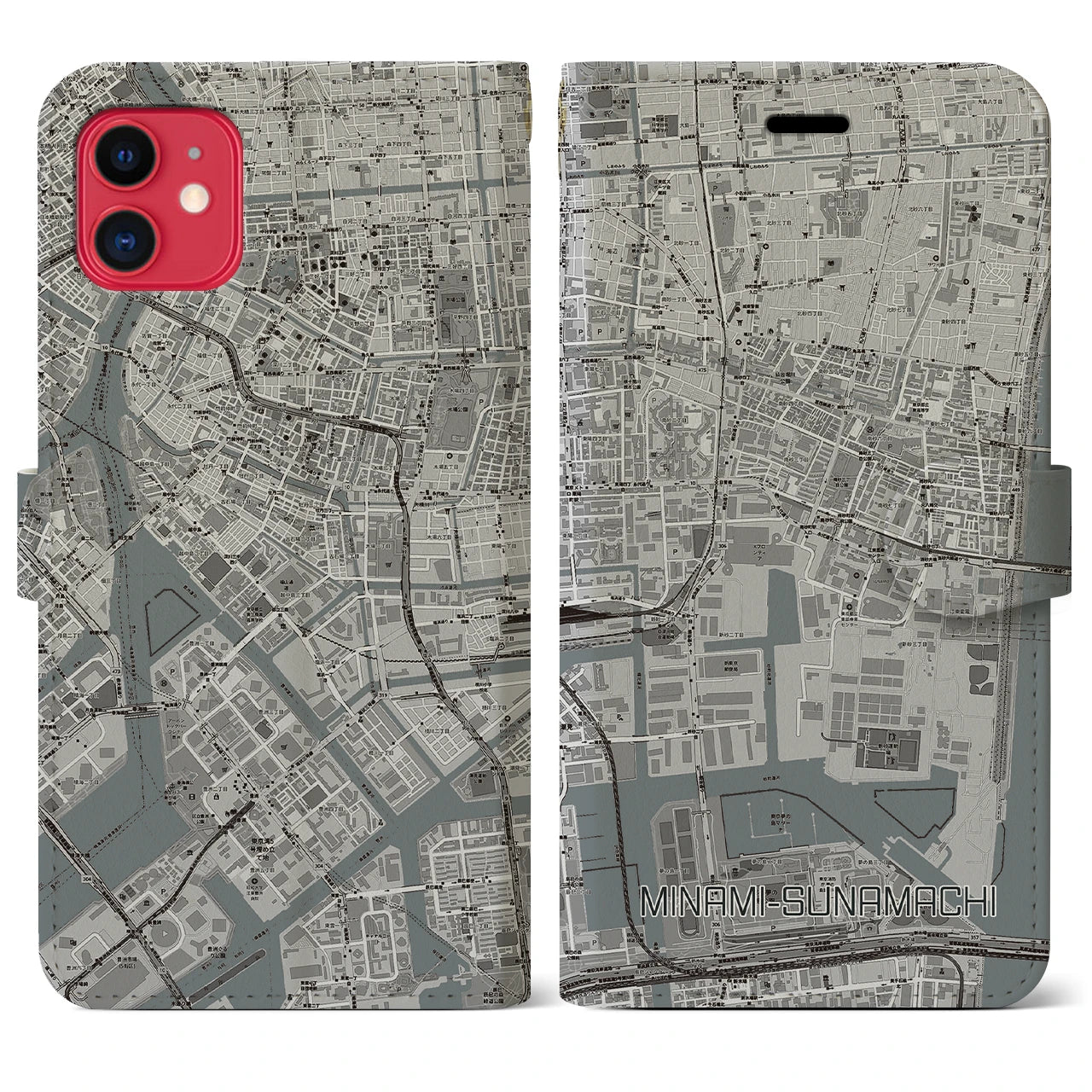 【南砂町(東京都)】地図柄iPhoneケース(手帳タイプ)モノトーン・iPhone 11 用