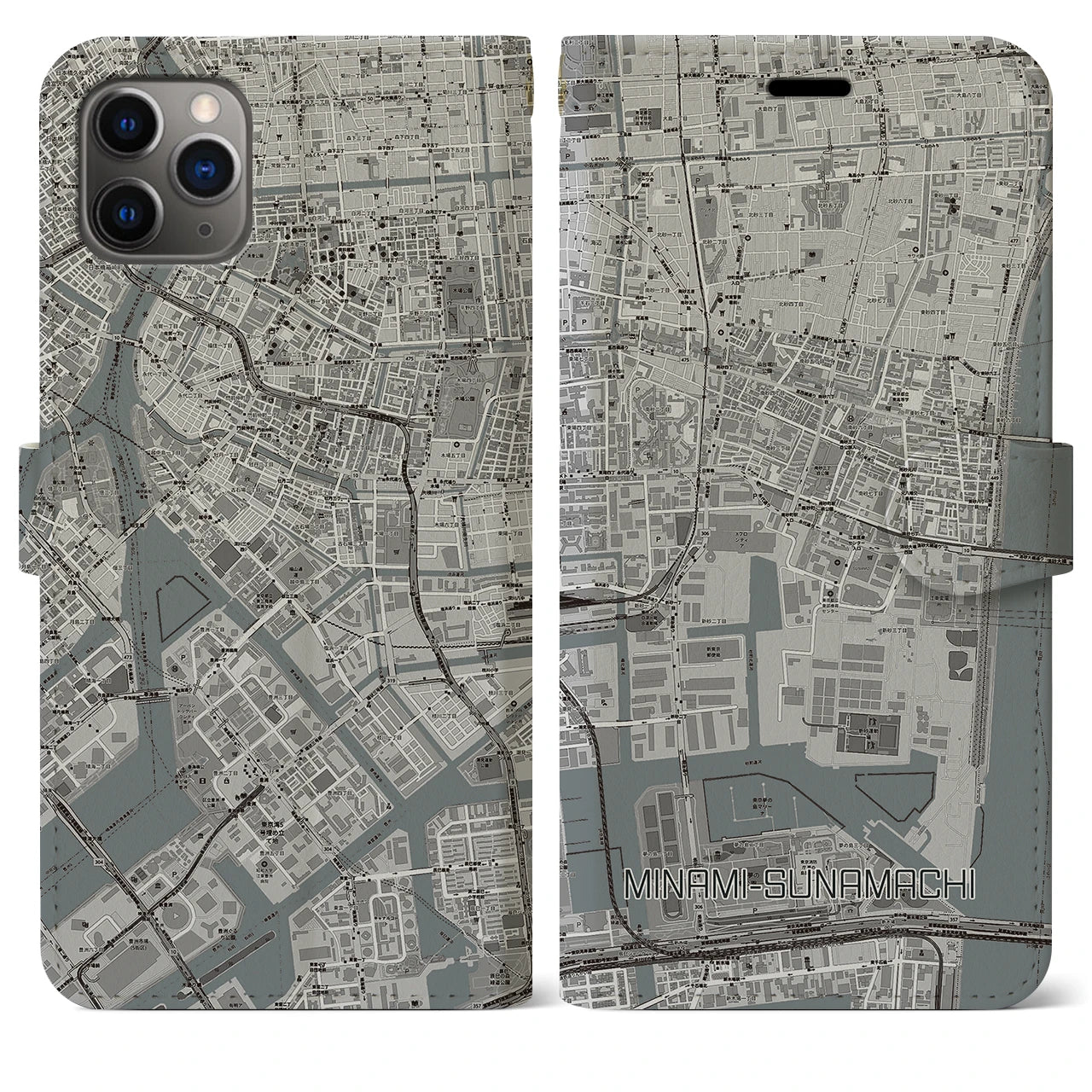 【南砂町(東京都)】地図柄iPhoneケース(手帳タイプ)モノトーン・iPhone 11 Pro Max 用