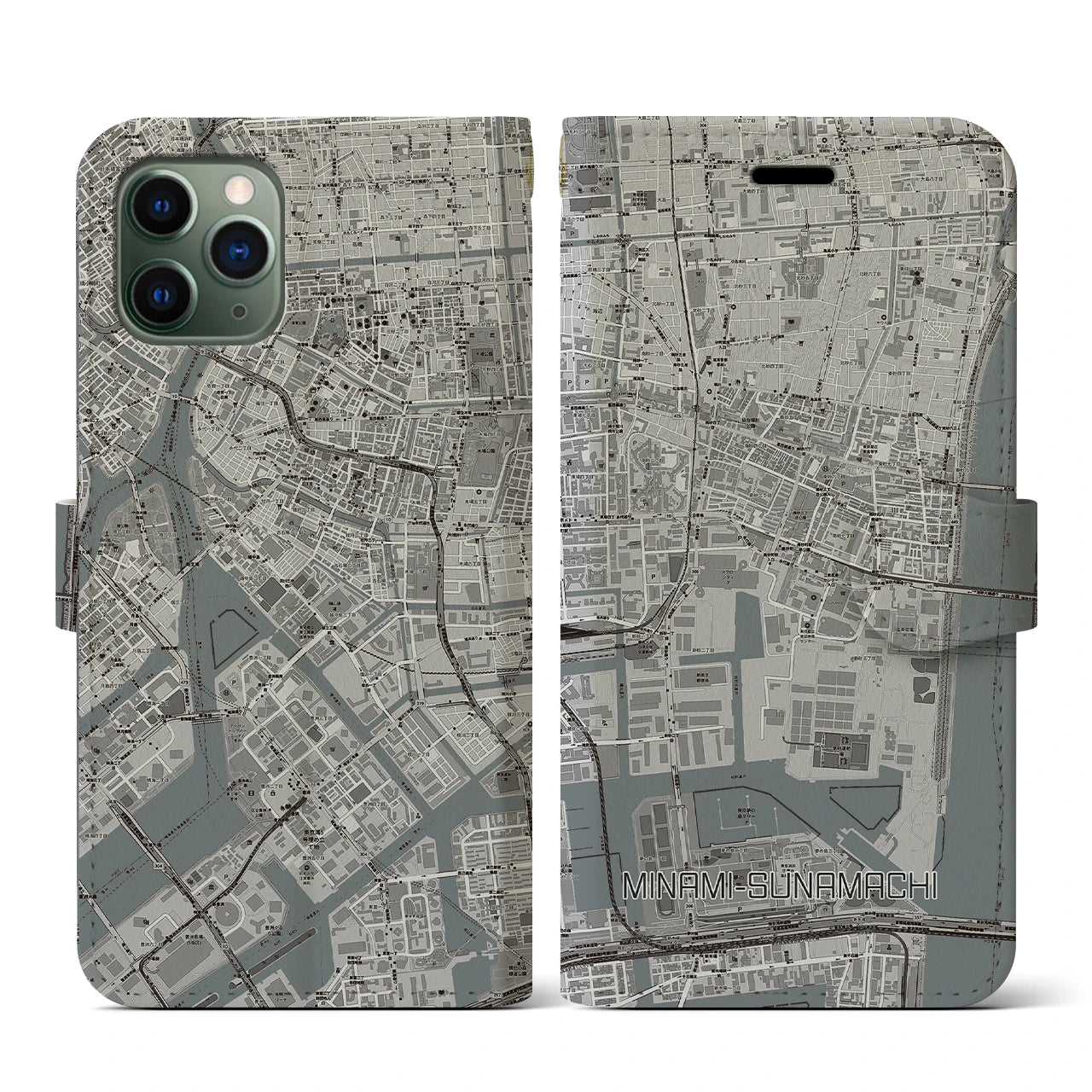 【南砂町(東京都)】地図柄iPhoneケース(手帳タイプ)モノトーン・iPhone 11 Pro 用