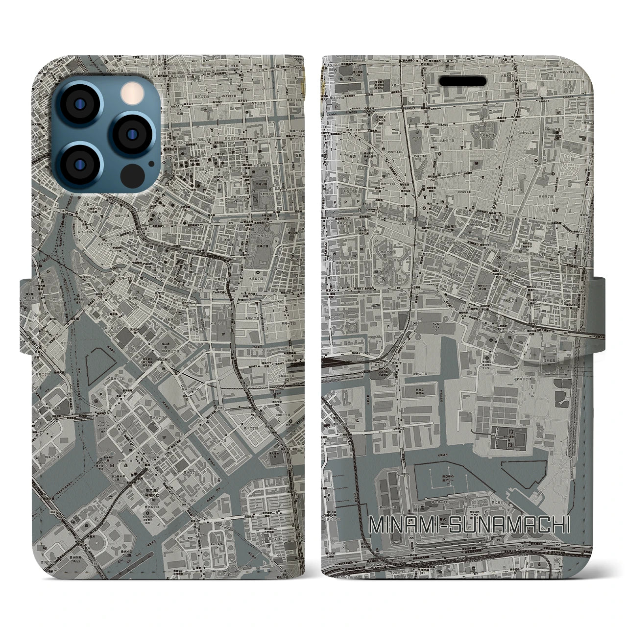 【南砂町(東京都)】地図柄iPhoneケース(手帳タイプ)モノトーン・iPhone 12 / 12 Pro 用