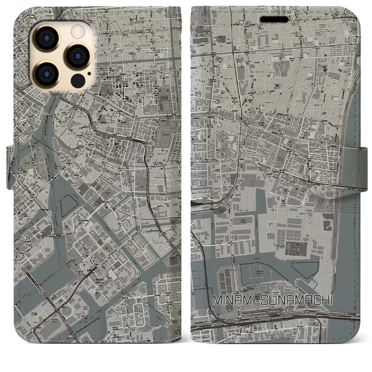 【南砂町(東京都)】地図柄iPhoneケース(手帳タイプ)モノトーン・iPhone 12 Pro Max 用