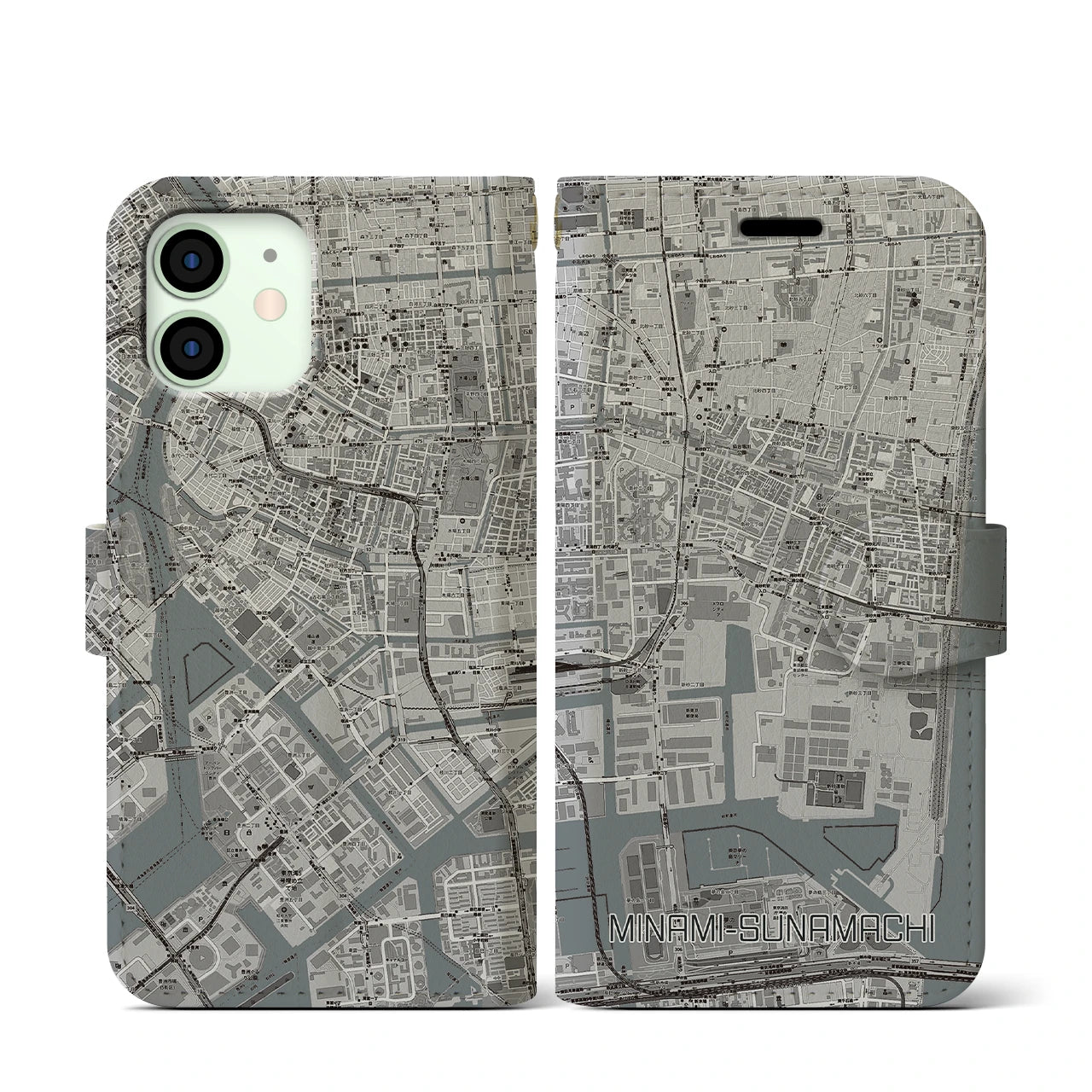 【南砂町(東京都)】地図柄iPhoneケース(手帳タイプ)モノトーン・iPhone 12 mini 用