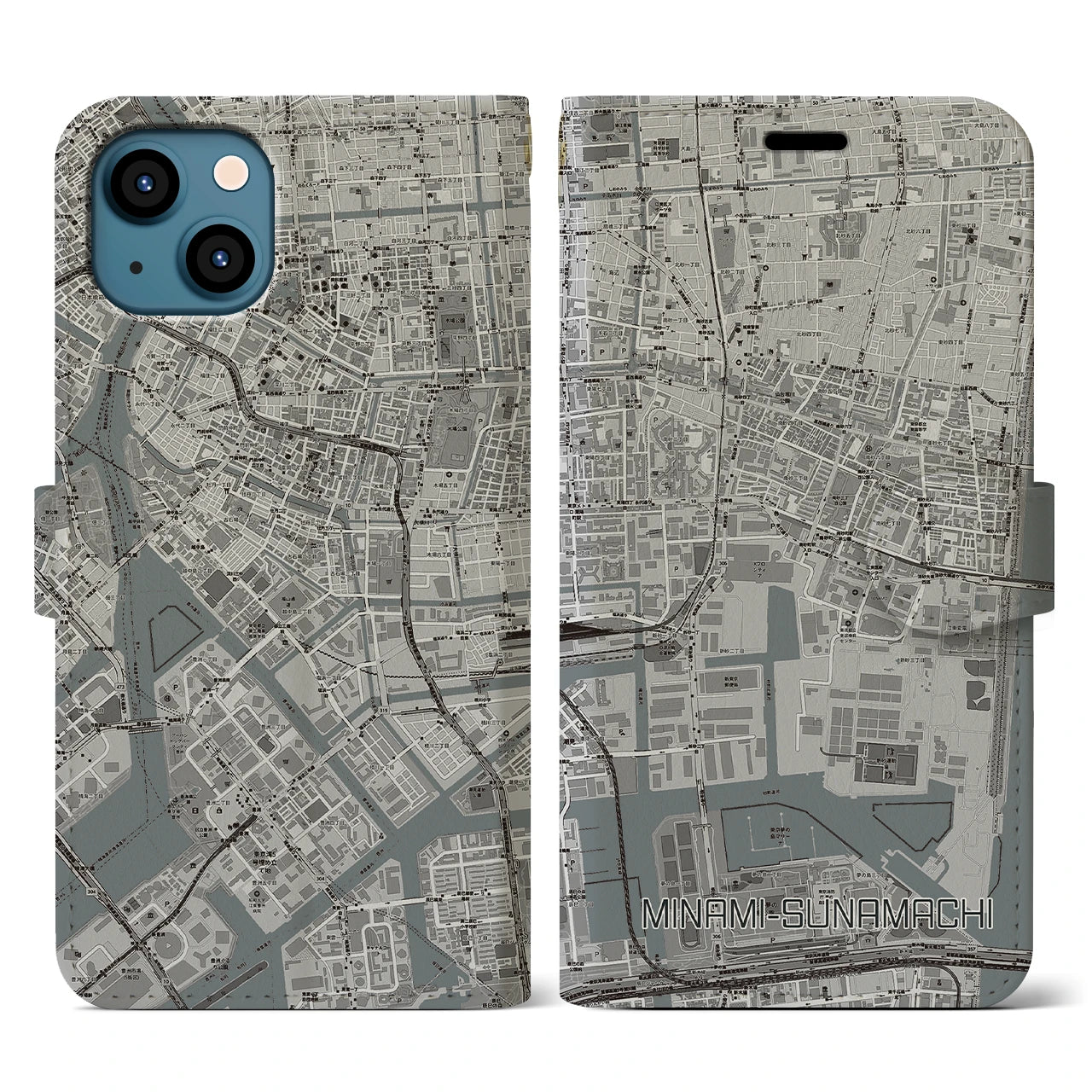 【南砂町(東京都)】地図柄iPhoneケース(手帳タイプ)モノトーン・iPhone 13 用