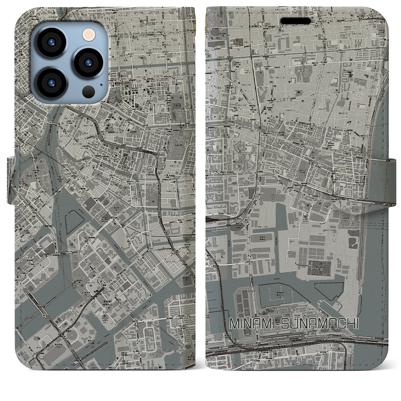 【南砂町(東京都)】地図柄iPhoneケース(手帳タイプ)モノトーン・iPhone 13 Pro Max 用
