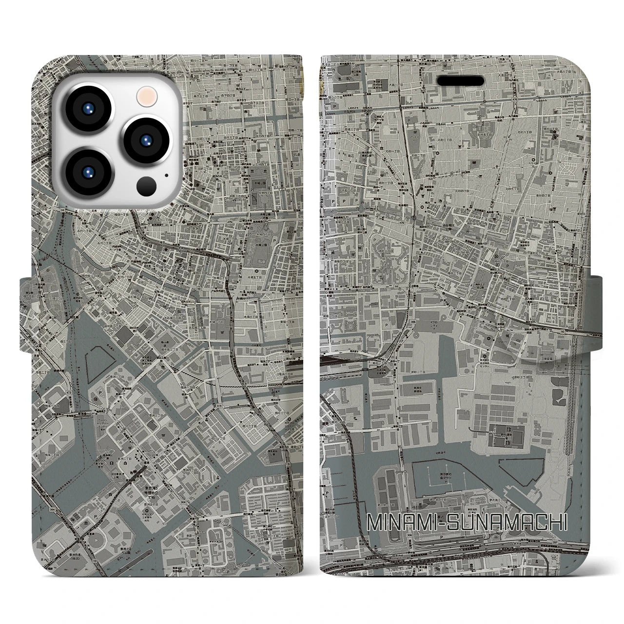 【南砂町(東京都)】地図柄iPhoneケース(手帳タイプ)モノトーン・iPhone 13 Pro 用