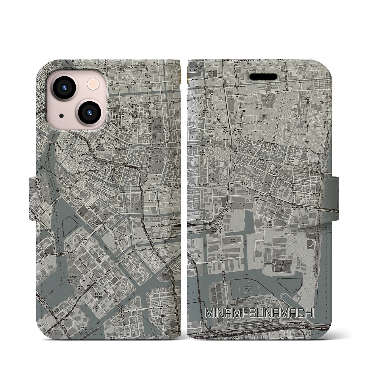 【南砂町(東京都)】地図柄iPhoneケース(手帳タイプ)モノトーン・iPhone 13 mini 用