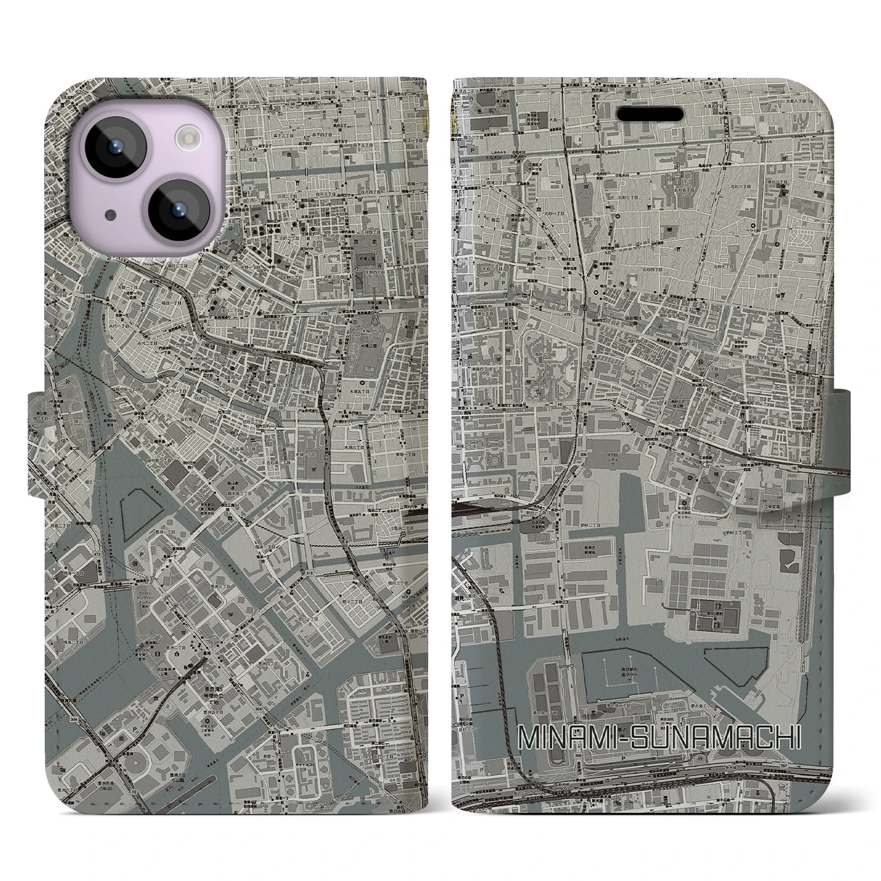 【南砂町(東京都)】地図柄iPhoneケース(手帳タイプ)モノトーン・iPhone 14 用