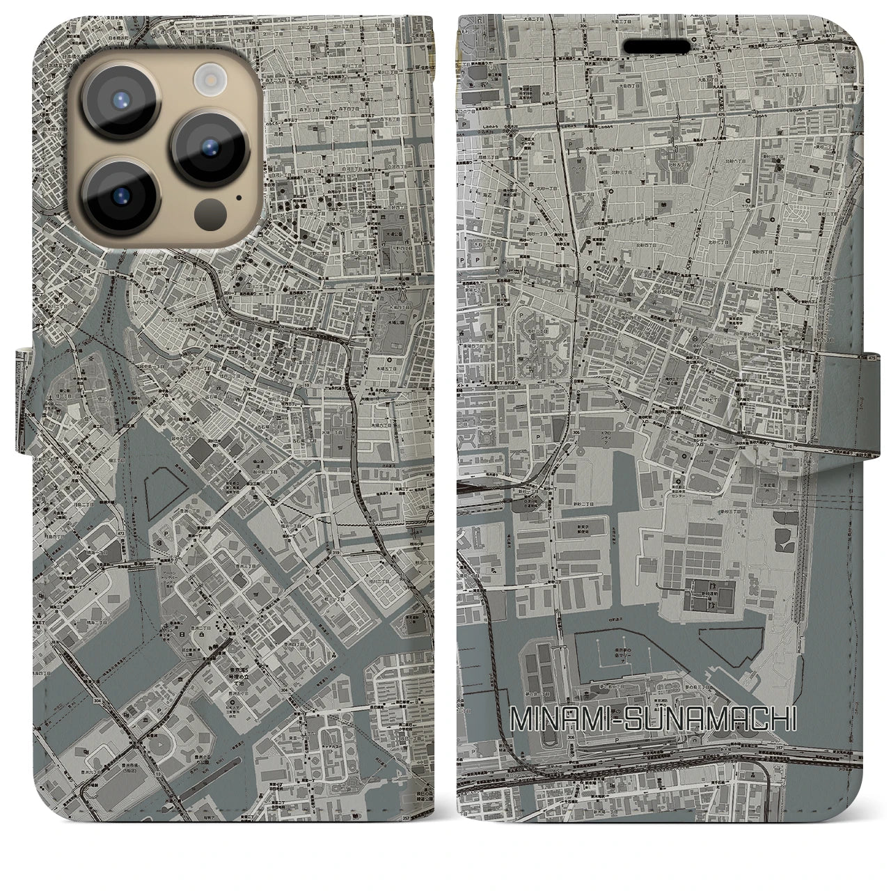 【南砂町(東京都)】地図柄iPhoneケース(手帳タイプ)モノトーン・iPhone 14 Pro Max 用