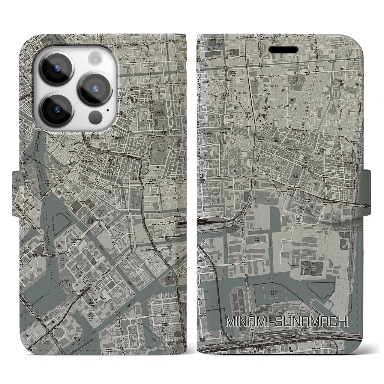【南砂町(東京都)】地図柄iPhoneケース(手帳タイプ)モノトーン・iPhone 14 Pro 用