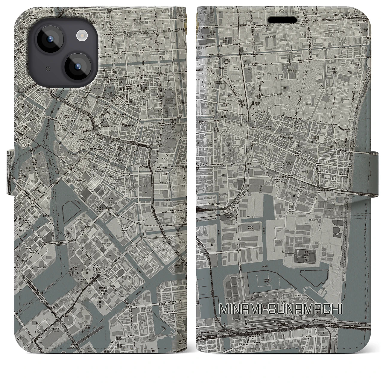 【南砂町(東京都)】地図柄iPhoneケース(手帳タイプ)モノトーン・iPhone 14 Plus 用