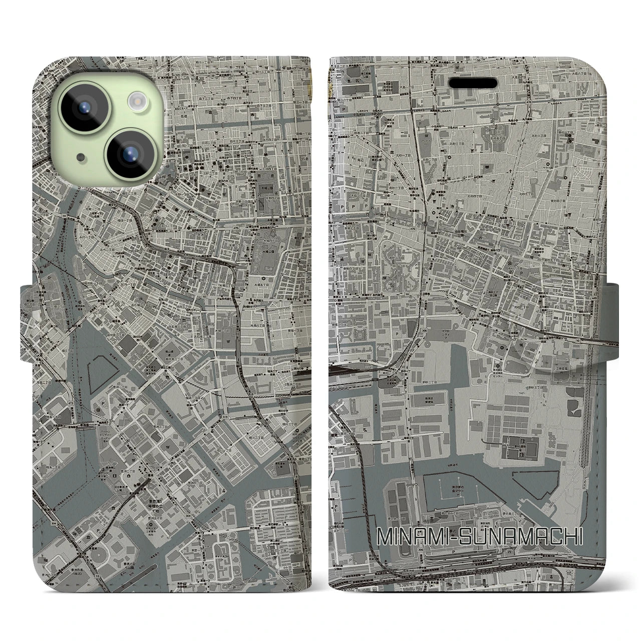 【南砂町(東京都)】地図柄iPhoneケース(手帳タイプ)モノトーン・iPhone 15 用
