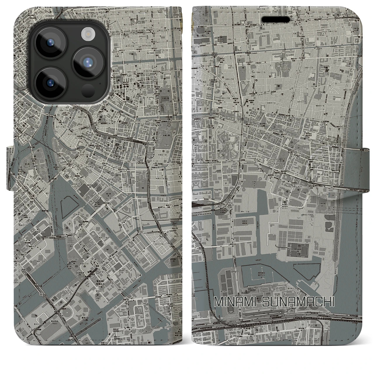 【南砂町(東京都)】地図柄iPhoneケース(手帳タイプ)モノトーン・iPhone 15 Pro Max 用