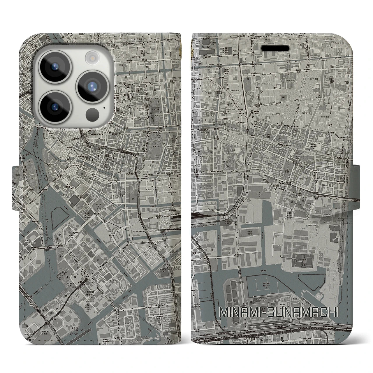 【南砂町(東京都)】地図柄iPhoneケース(手帳タイプ)モノトーン・iPhone 15 Pro 用