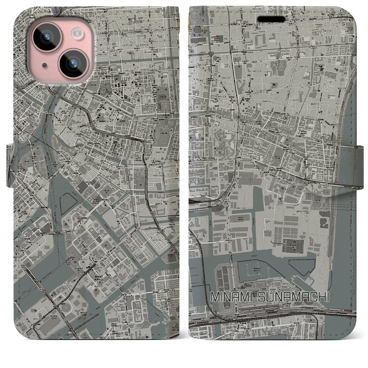 【南砂町(東京都)】地図柄iPhoneケース(手帳タイプ)モノトーン・iPhone 15 Plus 用