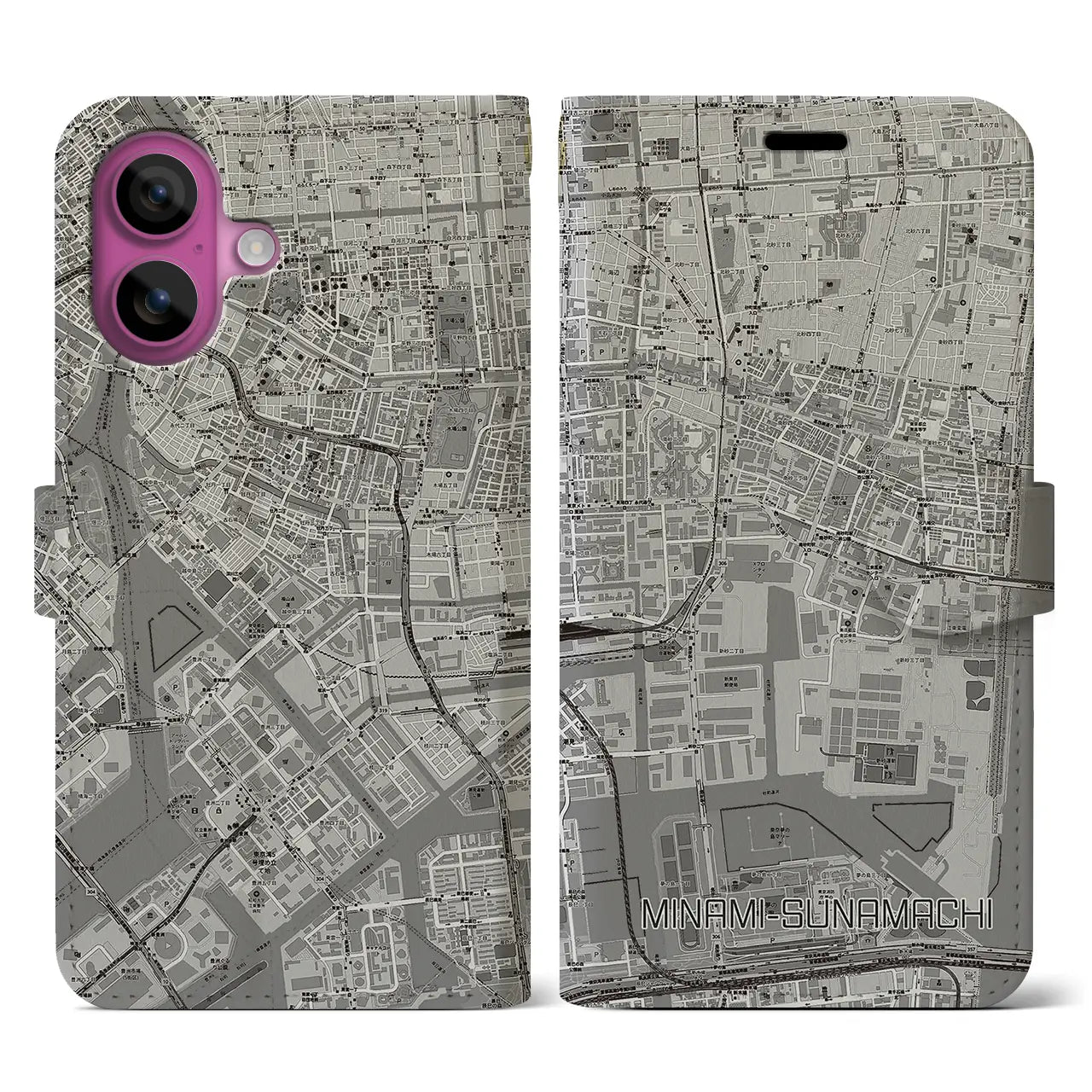 【南砂町(東京都)】地図柄iPhoneケース(手帳タイプ)モノトーン・iPhone 16 Pro 用