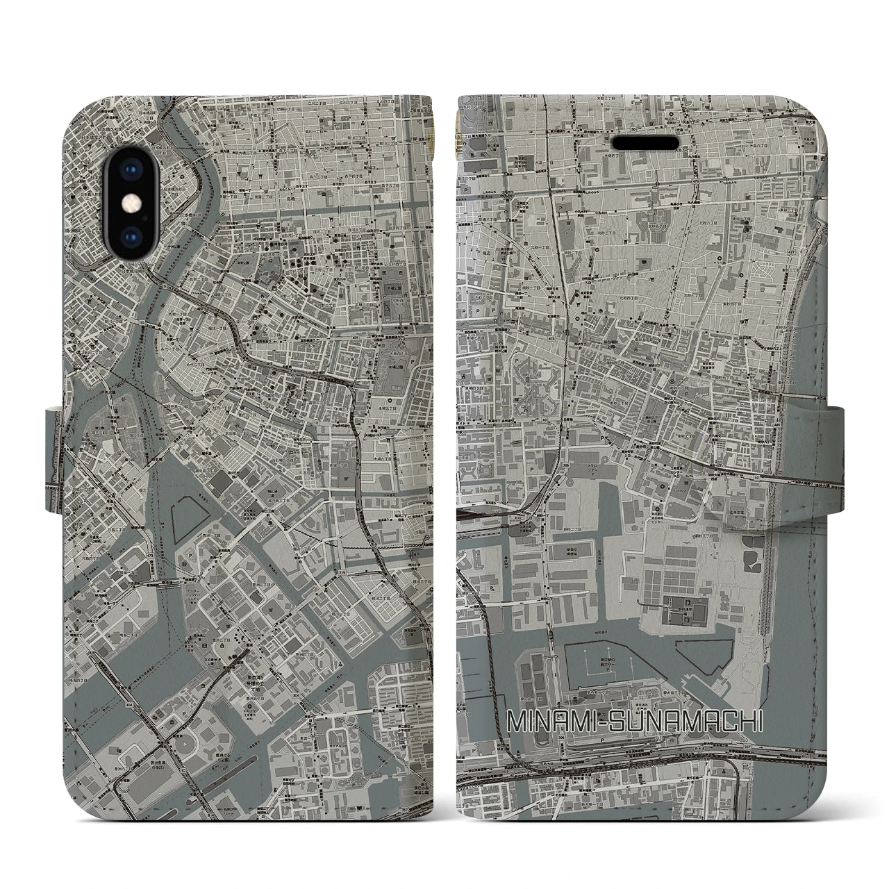 【南砂町(東京都)】地図柄iPhoneケース(手帳タイプ)モノトーン・iPhone XS / X 用
