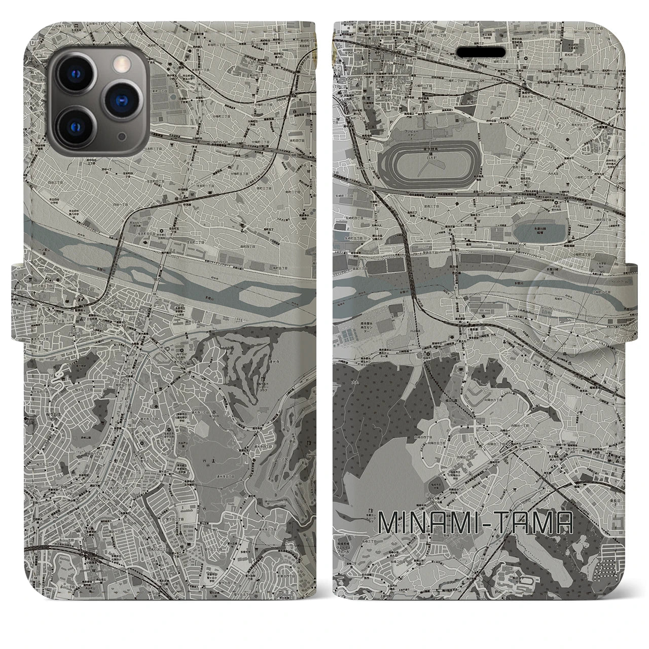 【南多摩(東京都)】地図柄iPhoneケース(手帳タイプ)モノトーン・iPhone 11 Pro Max 用