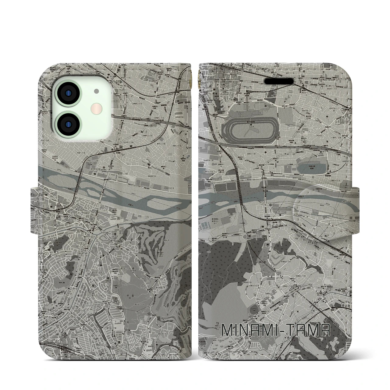 【南多摩(東京都)】地図柄iPhoneケース(手帳タイプ)モノトーン・iPhone 12 mini 用