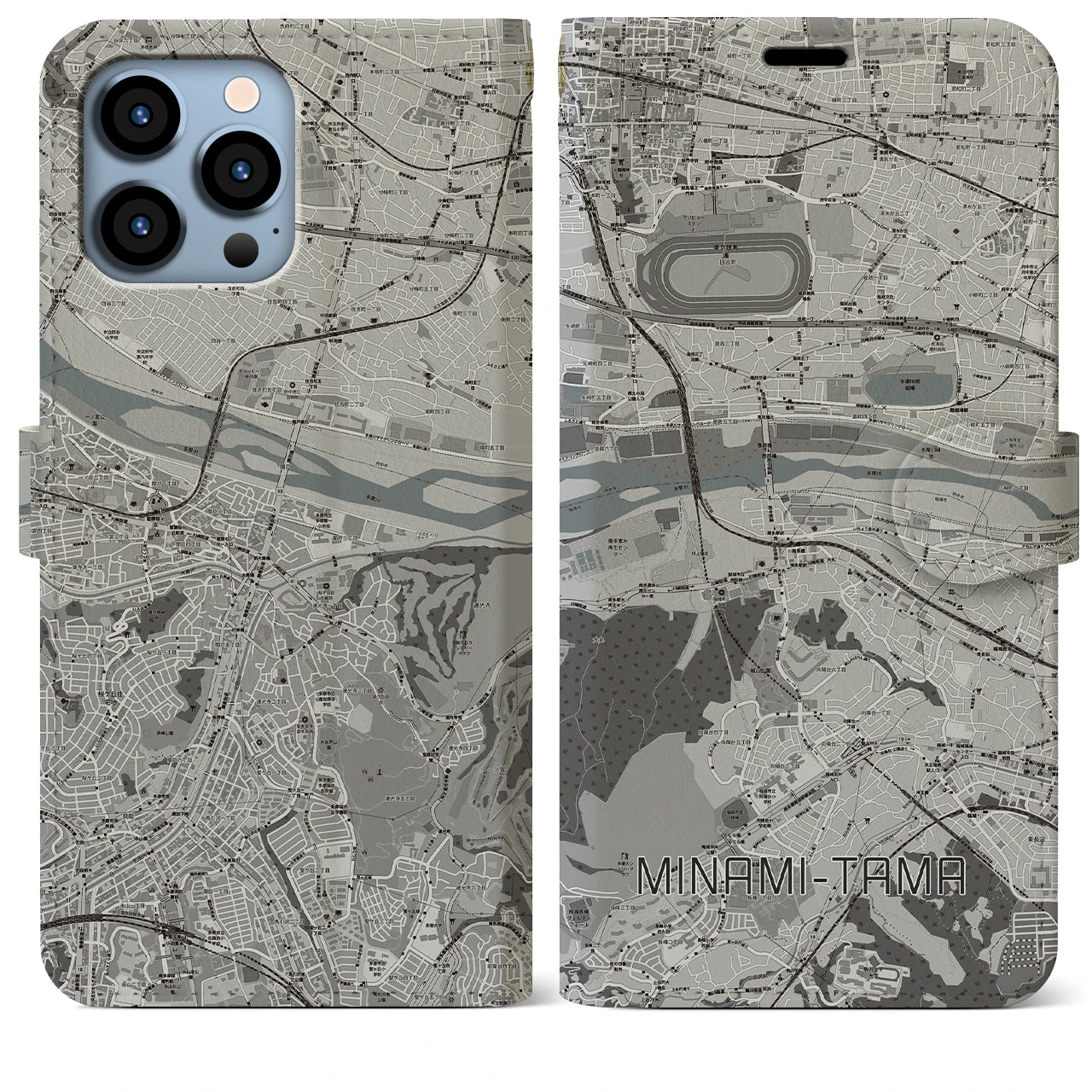 【南多摩(東京都)】地図柄iPhoneケース(手帳タイプ)モノトーン・iPhone 13 Pro Max 用