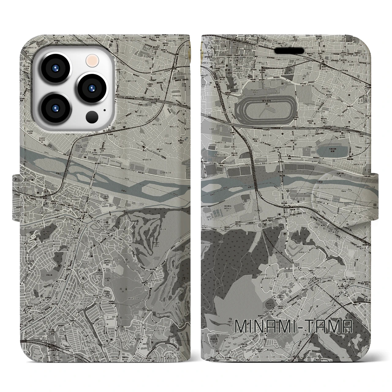 【南多摩(東京都)】地図柄iPhoneケース(手帳タイプ)モノトーン・iPhone 13 Pro 用