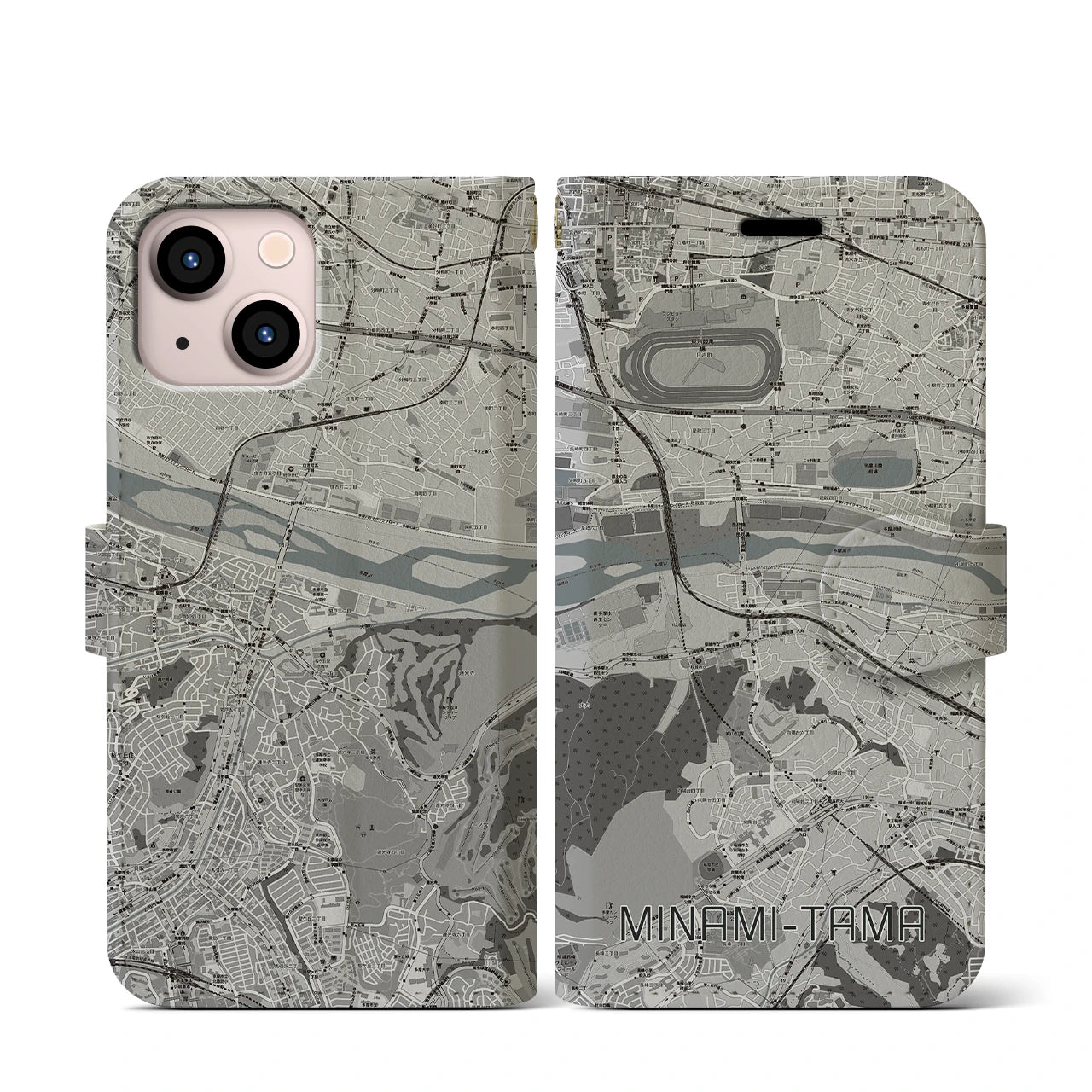【南多摩(東京都)】地図柄iPhoneケース(手帳タイプ)モノトーン・iPhone 13 mini 用