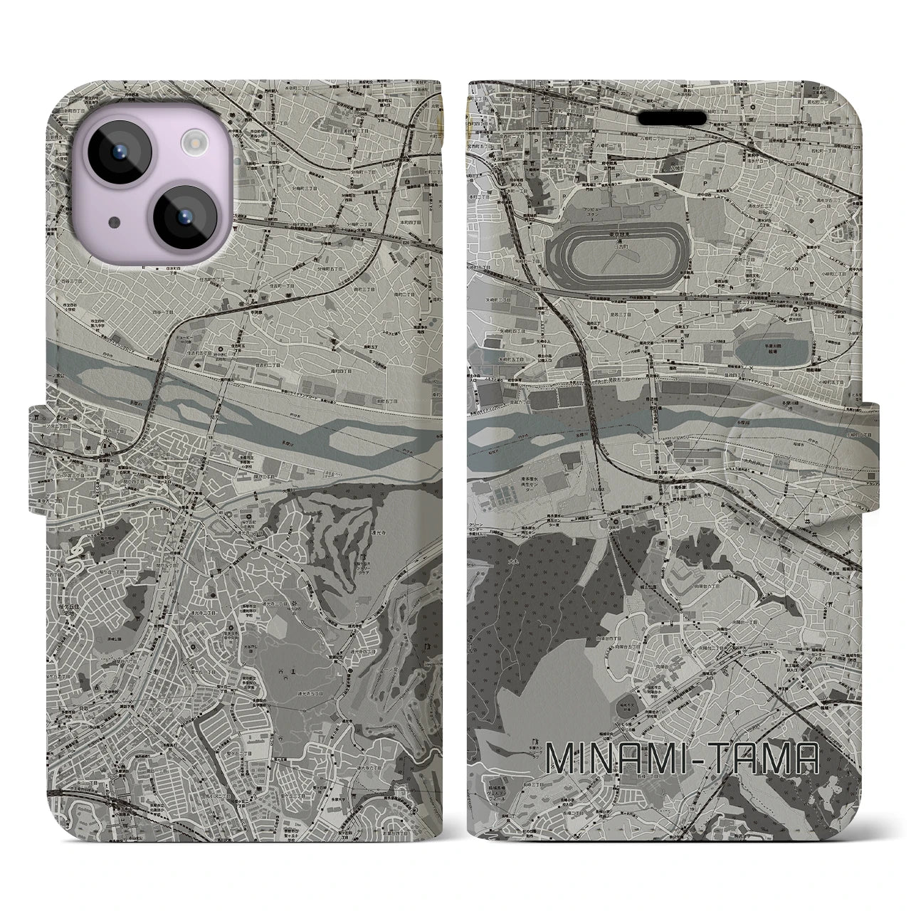 【南多摩(東京都)】地図柄iPhoneケース(手帳タイプ)モノトーン・iPhone 14 用