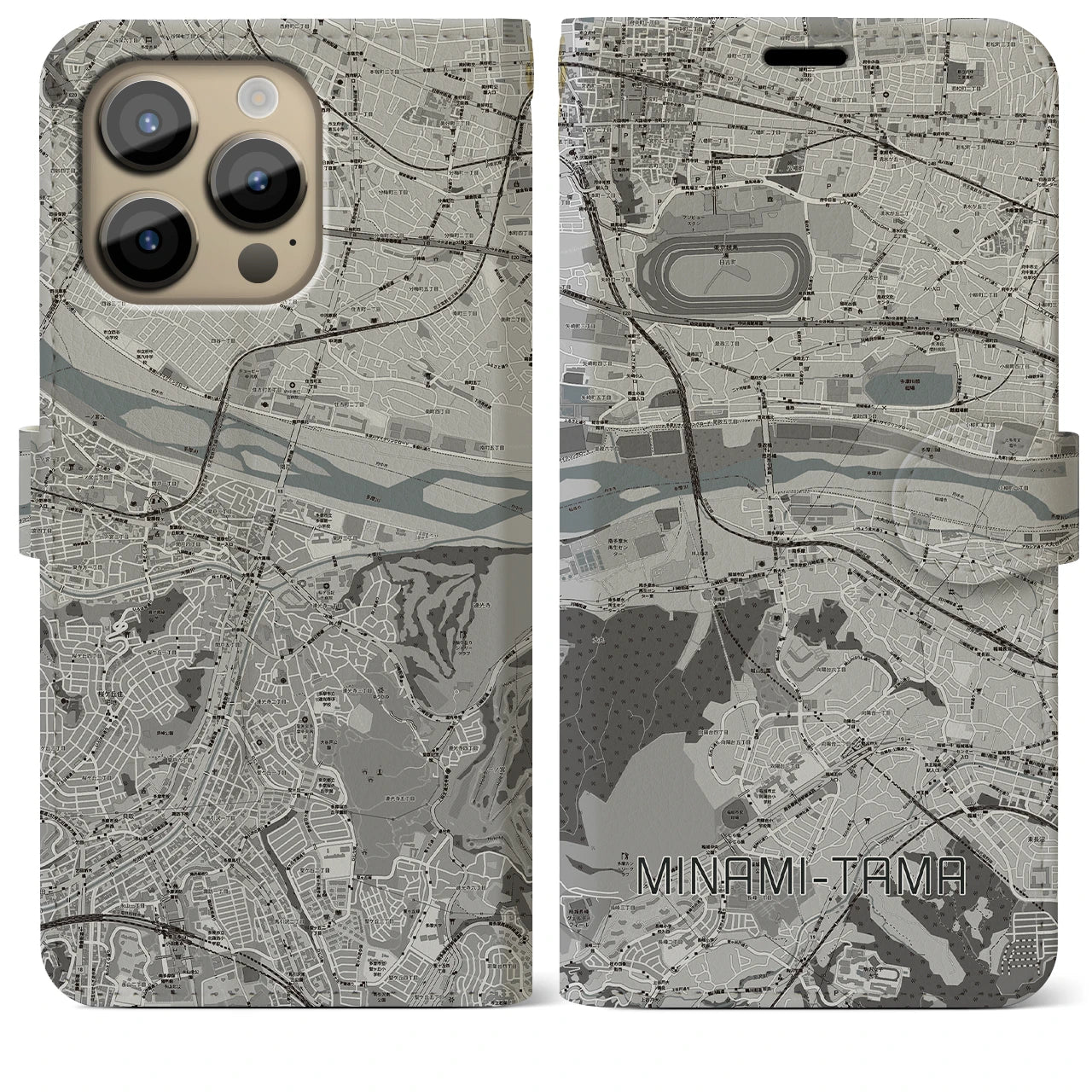 【南多摩(東京都)】地図柄iPhoneケース(手帳タイプ)モノトーン・iPhone 14 Pro Max 用