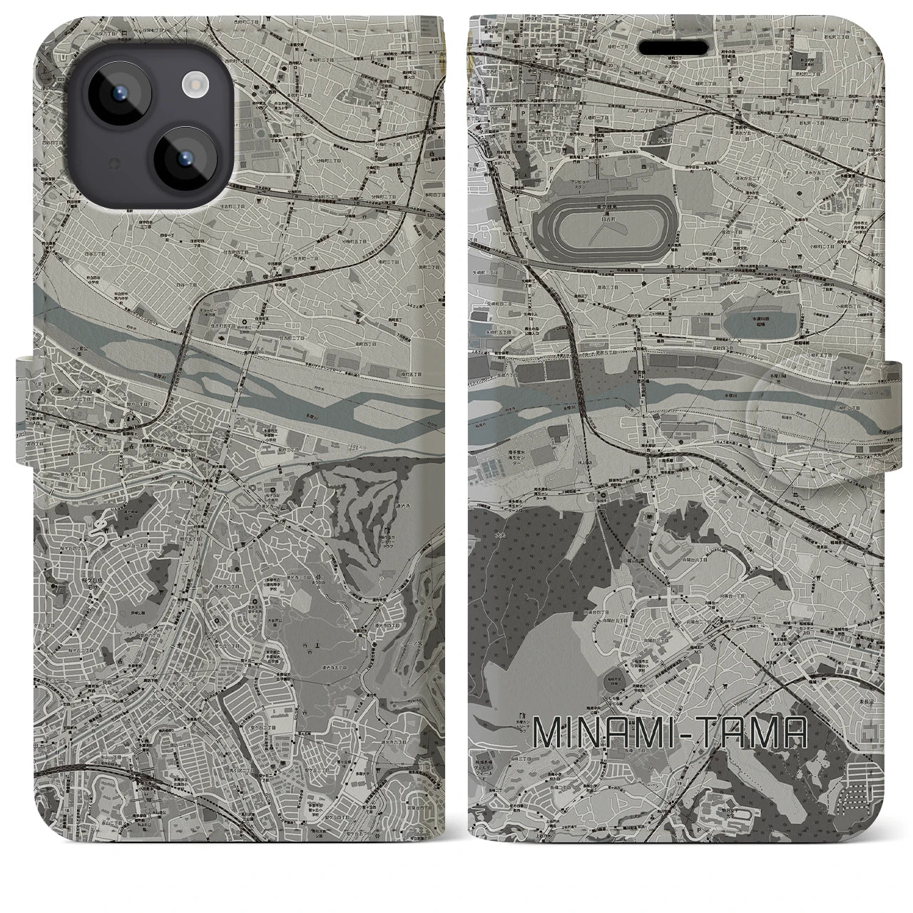 【南多摩(東京都)】地図柄iPhoneケース(手帳タイプ)モノトーン・iPhone 14 Plus 用