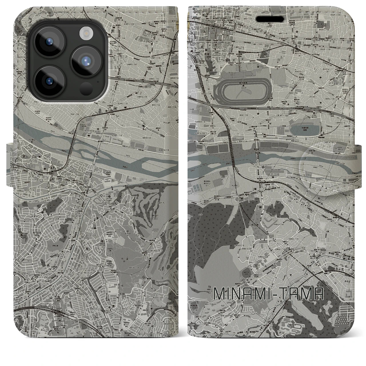 【南多摩(東京都)】地図柄iPhoneケース(手帳タイプ)モノトーン・iPhone 15 Pro Max 用