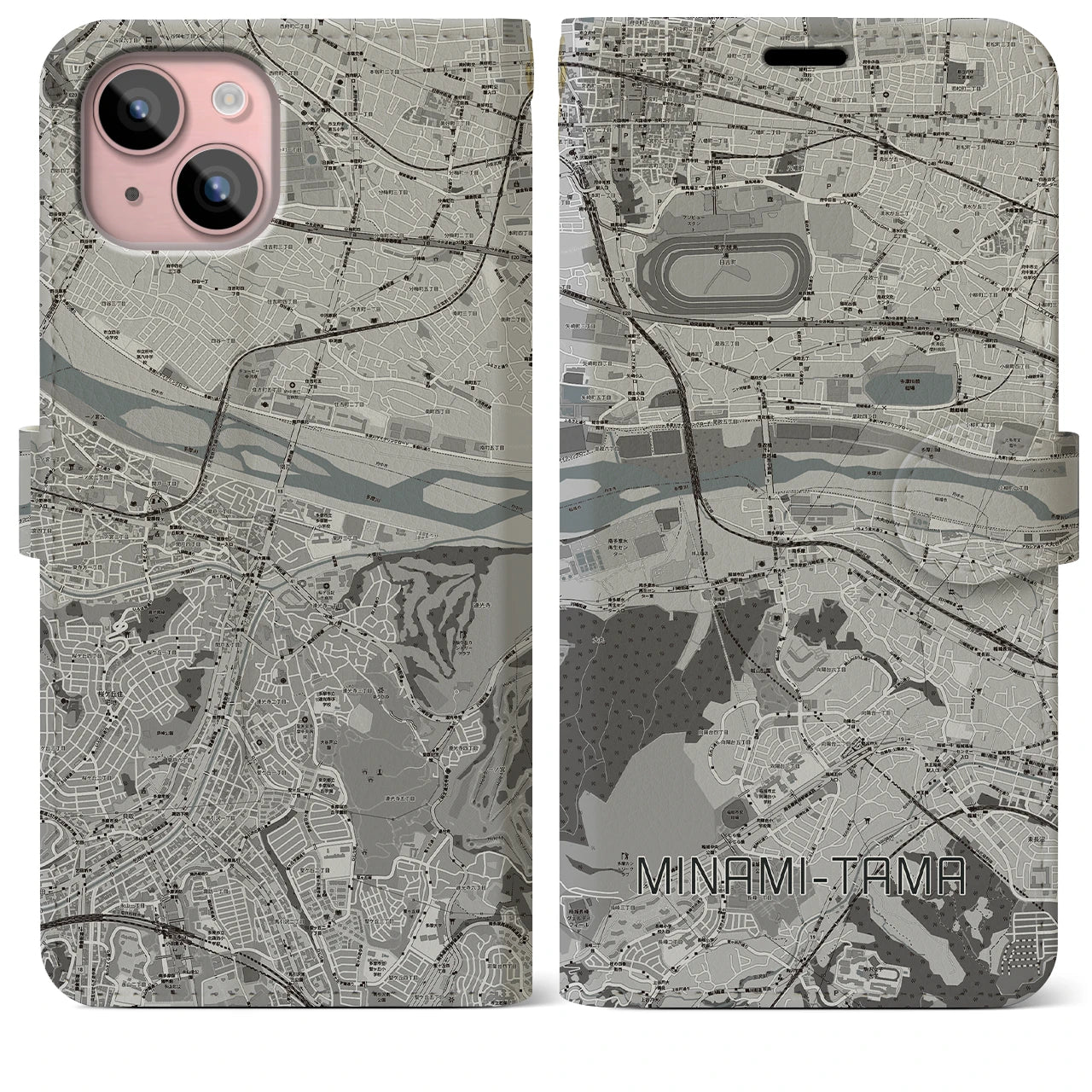 【南多摩(東京都)】地図柄iPhoneケース(手帳タイプ)モノトーン・iPhone 15 Plus 用