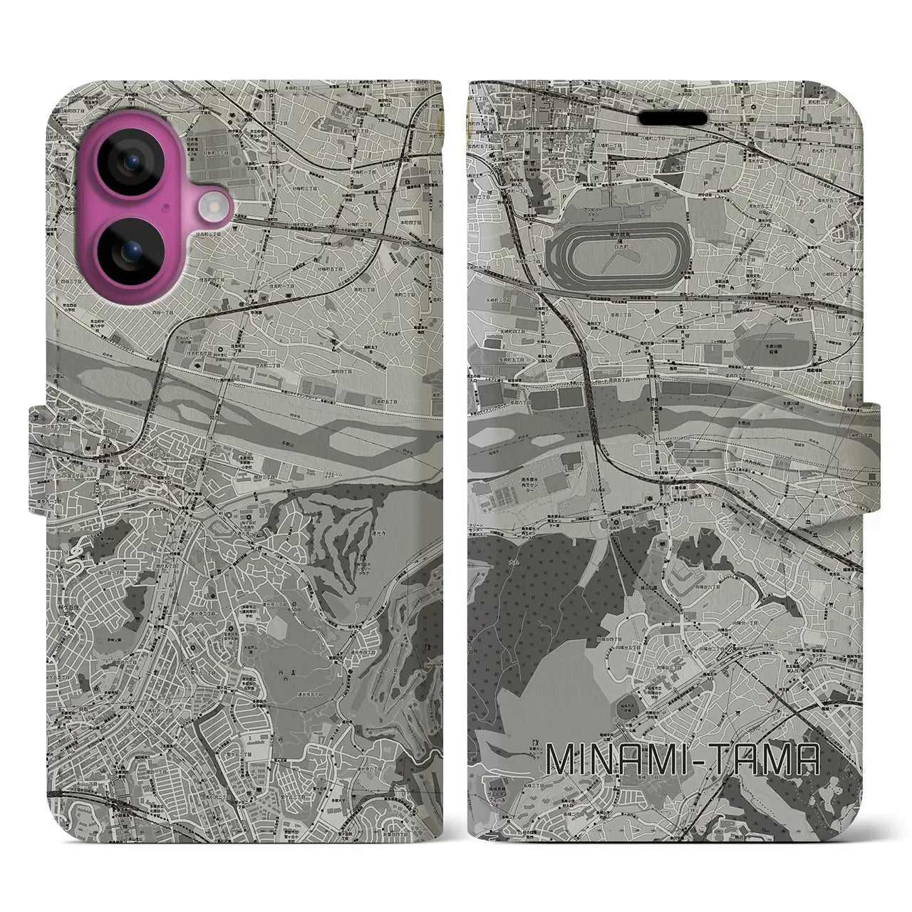【南多摩(東京都)】地図柄iPhoneケース(手帳タイプ)モノトーン・iPhone 16 Pro 用