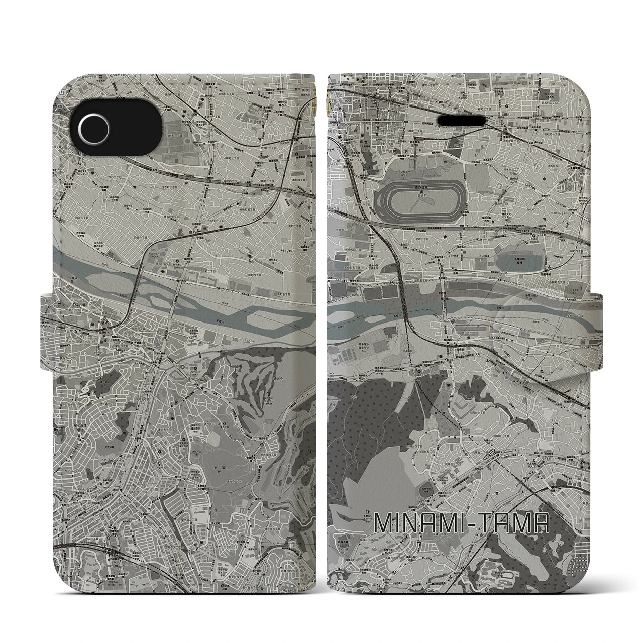 【南多摩(東京都)】地図柄iPhoneケース(手帳タイプ)モノトーン・iPhone SE(第3 / 第2世代) / 8 / 7 / 6s / 6 用