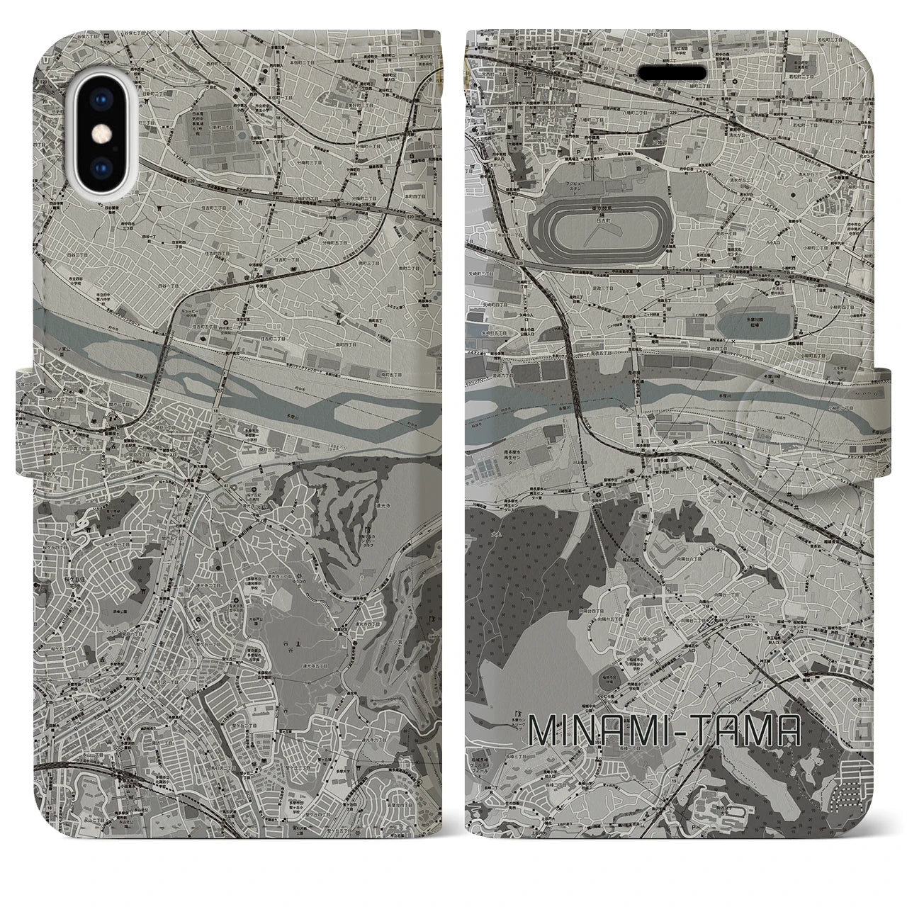 【南多摩(東京都)】地図柄iPhoneケース(手帳タイプ)モノトーン・iPhone XS Max 用