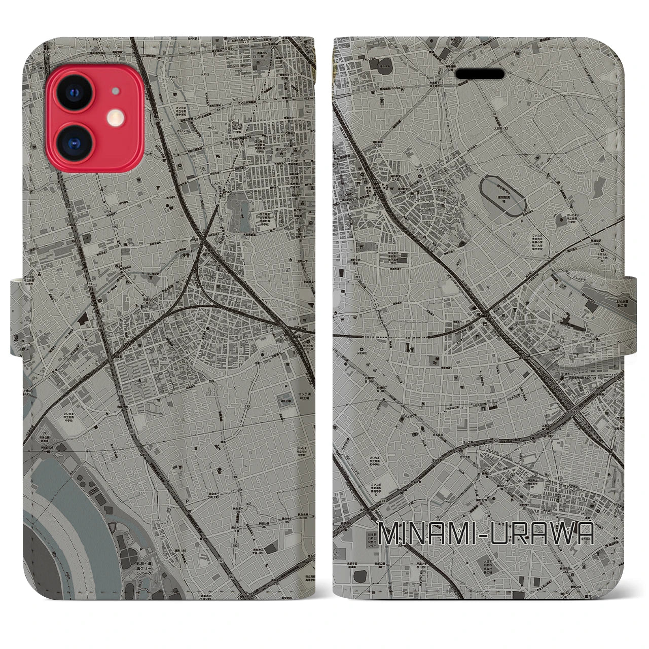 【南浦和(埼玉県)】地図柄iPhoneケース(手帳タイプ)モノトーン・iPhone 11 用