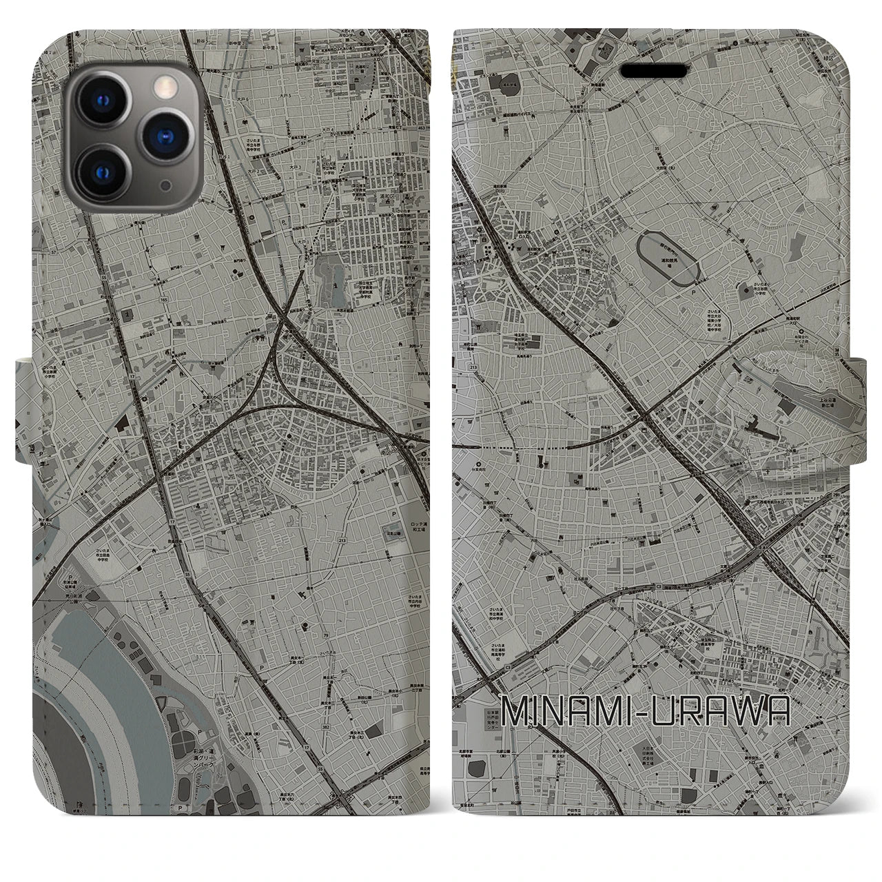 【南浦和(埼玉県)】地図柄iPhoneケース(手帳タイプ)モノトーン・iPhone 11 Pro Max 用
