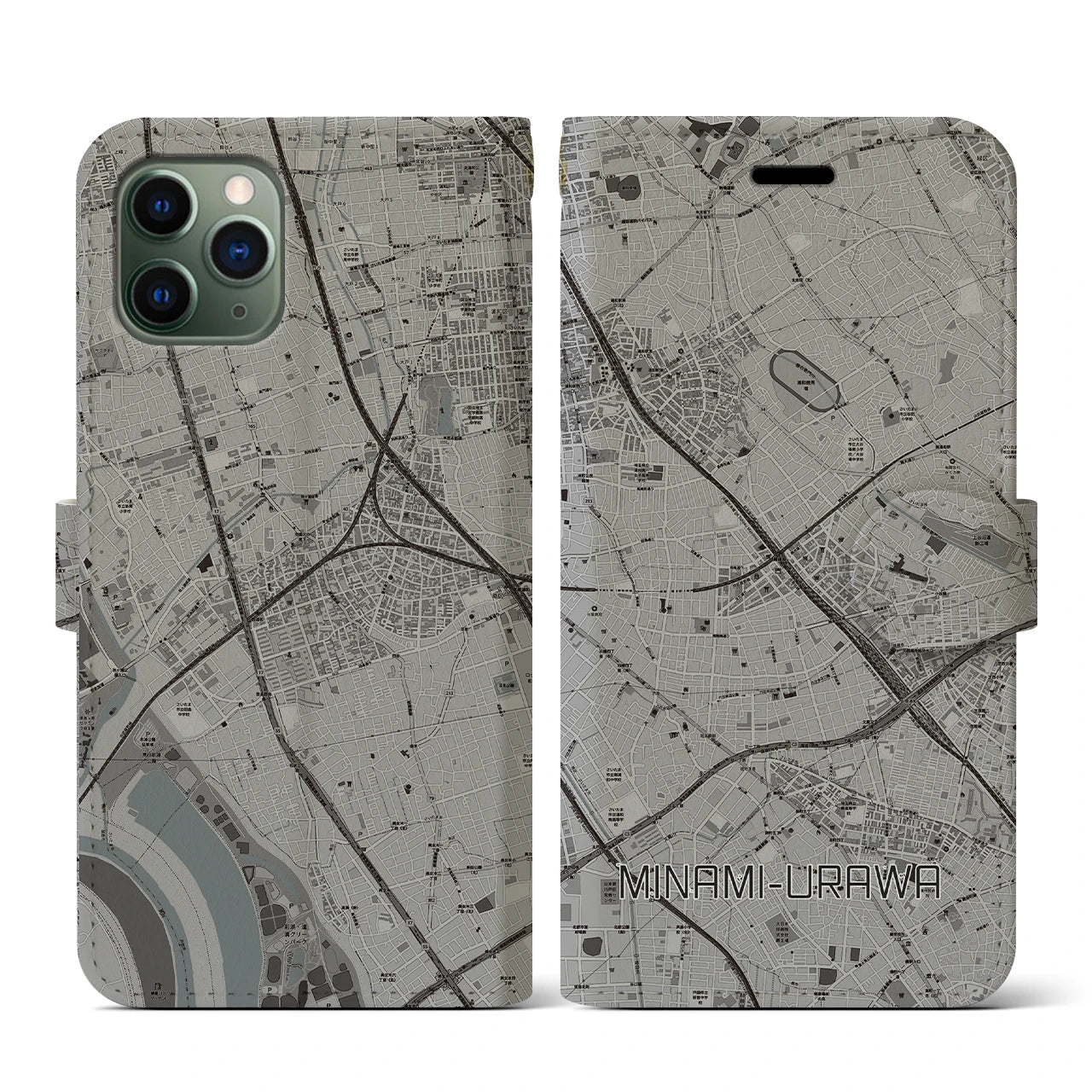 【南浦和(埼玉県)】地図柄iPhoneケース(手帳タイプ)モノトーン・iPhone 11 Pro 用