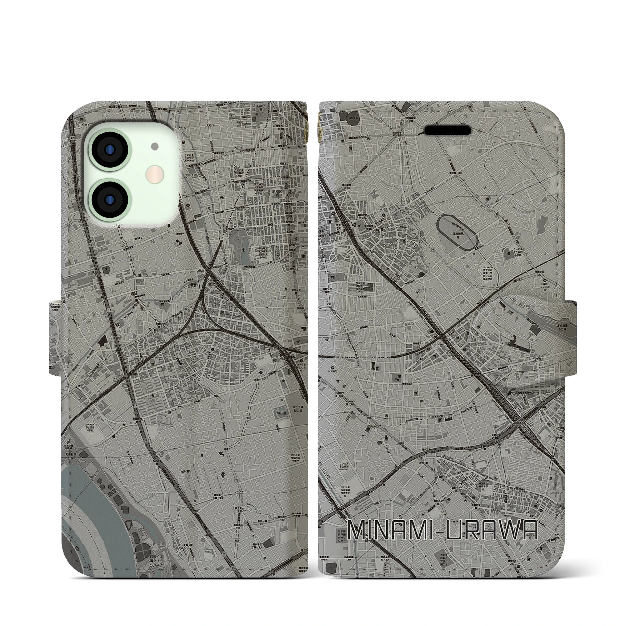 【南浦和(埼玉県)】地図柄iPhoneケース(手帳タイプ)モノトーン・iPhone 12 mini 用