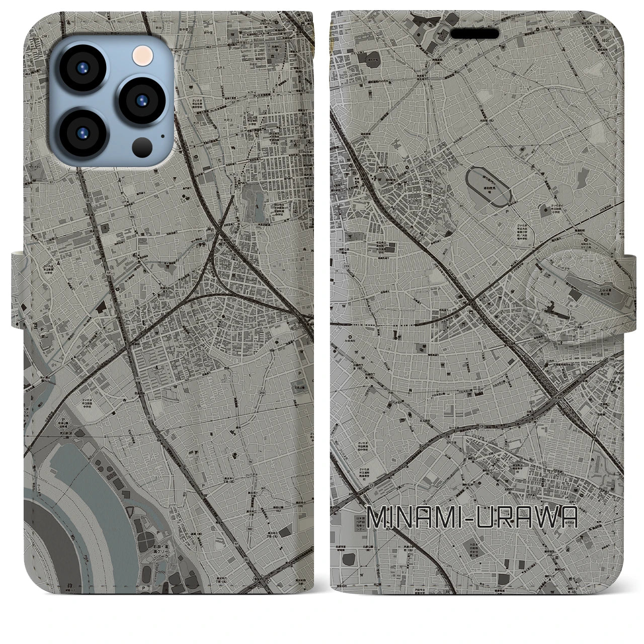 【南浦和(埼玉県)】地図柄iPhoneケース(手帳タイプ)モノトーン・iPhone 13 Pro Max 用