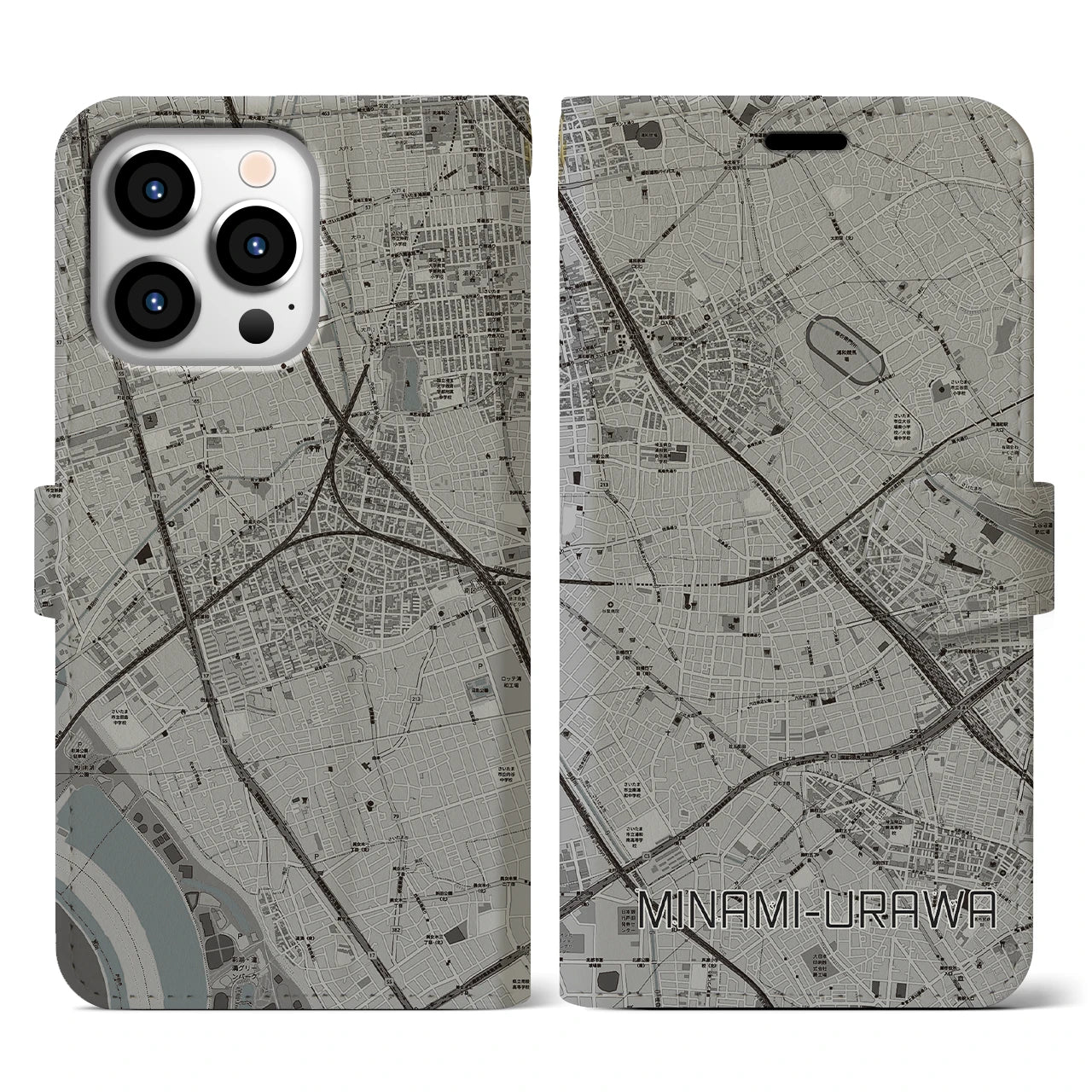 【南浦和(埼玉県)】地図柄iPhoneケース(手帳タイプ)モノトーン・iPhone 13 Pro 用