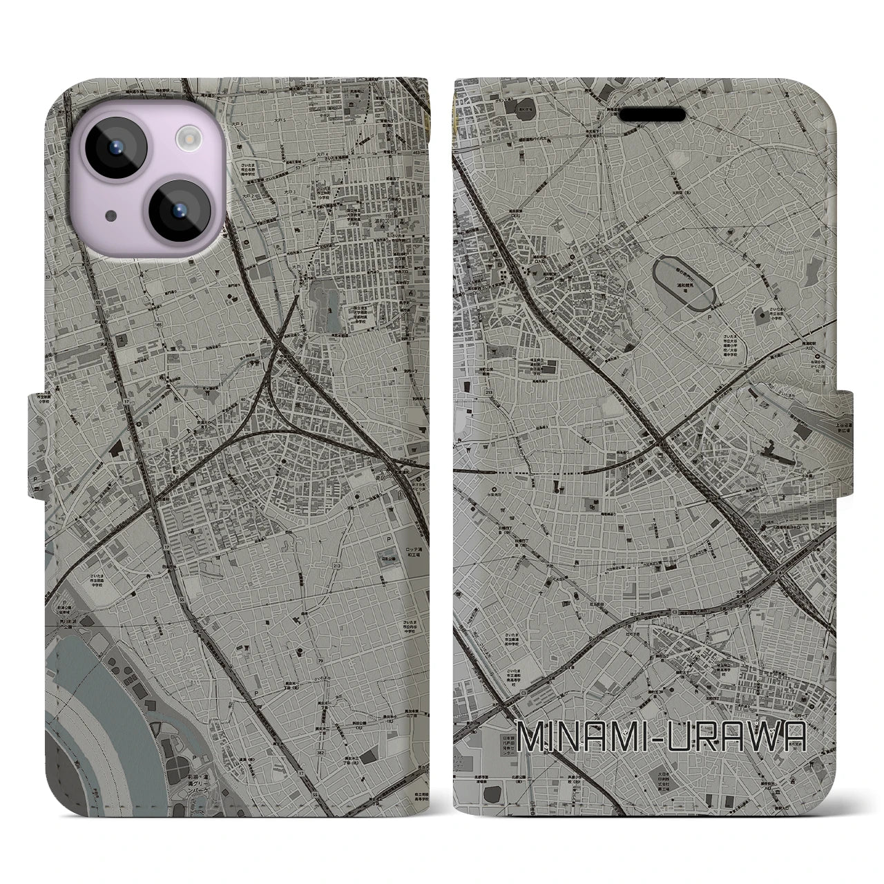 【南浦和(埼玉県)】地図柄iPhoneケース(手帳タイプ)モノトーン・iPhone 14 用