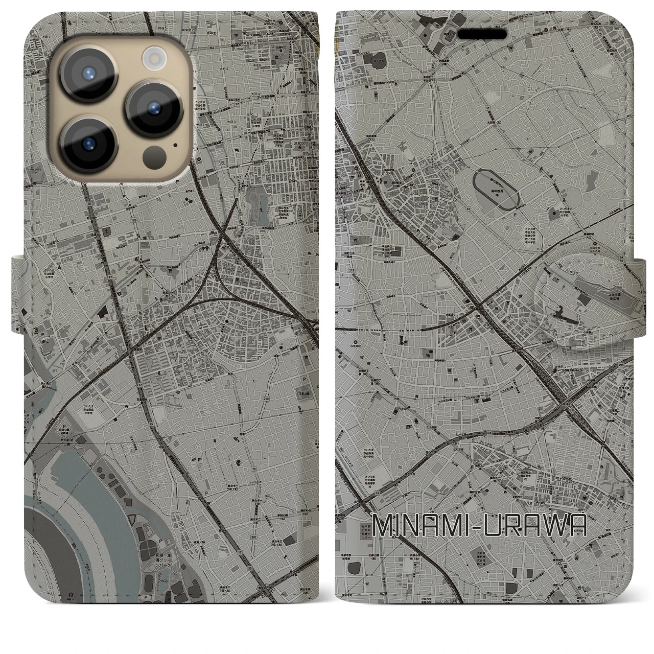 【南浦和(埼玉県)】地図柄iPhoneケース(手帳タイプ)モノトーン・iPhone 14 Pro Max 用