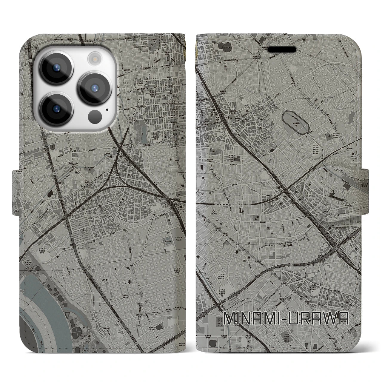 【南浦和(埼玉県)】地図柄iPhoneケース(手帳タイプ)モノトーン・iPhone 14 Pro 用