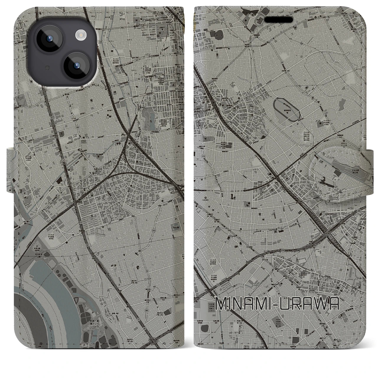 【南浦和(埼玉県)】地図柄iPhoneケース(手帳タイプ)モノトーン・iPhone 14 Plus 用