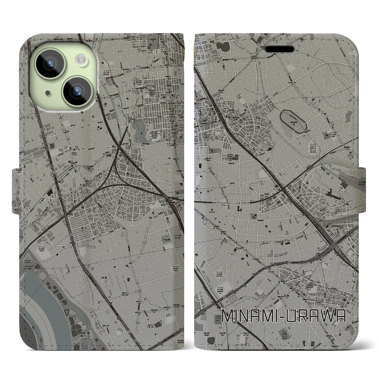 【南浦和(埼玉県)】地図柄iPhoneケース(手帳タイプ)モノトーン・iPhone 15 用