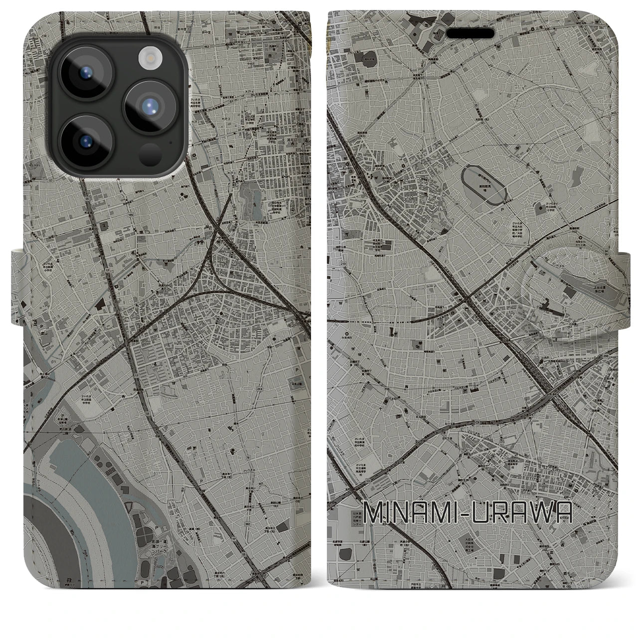 【南浦和(埼玉県)】地図柄iPhoneケース(手帳タイプ)モノトーン・iPhone 15 Pro Max 用