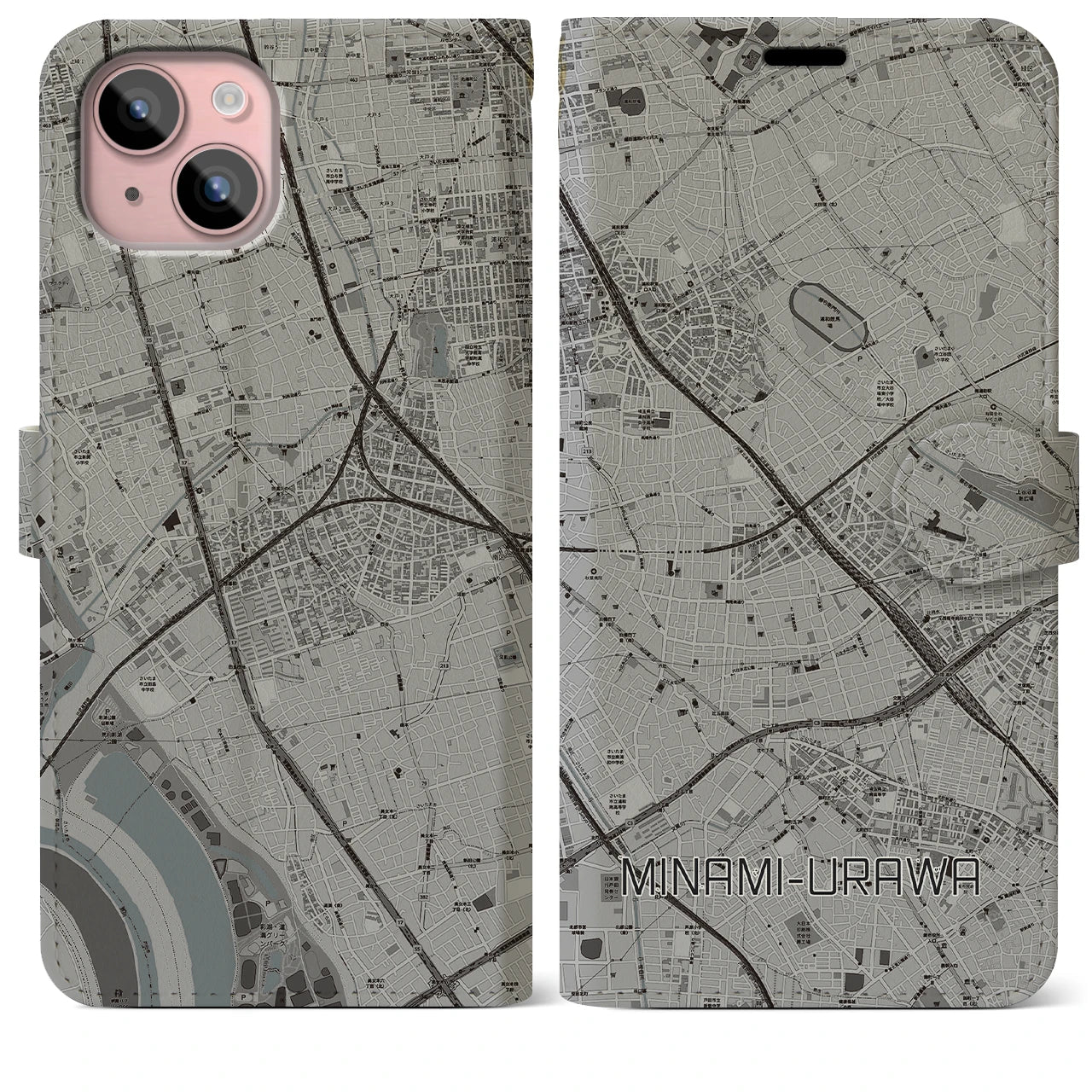 【南浦和(埼玉県)】地図柄iPhoneケース(手帳タイプ)モノトーン・iPhone 15 Plus 用