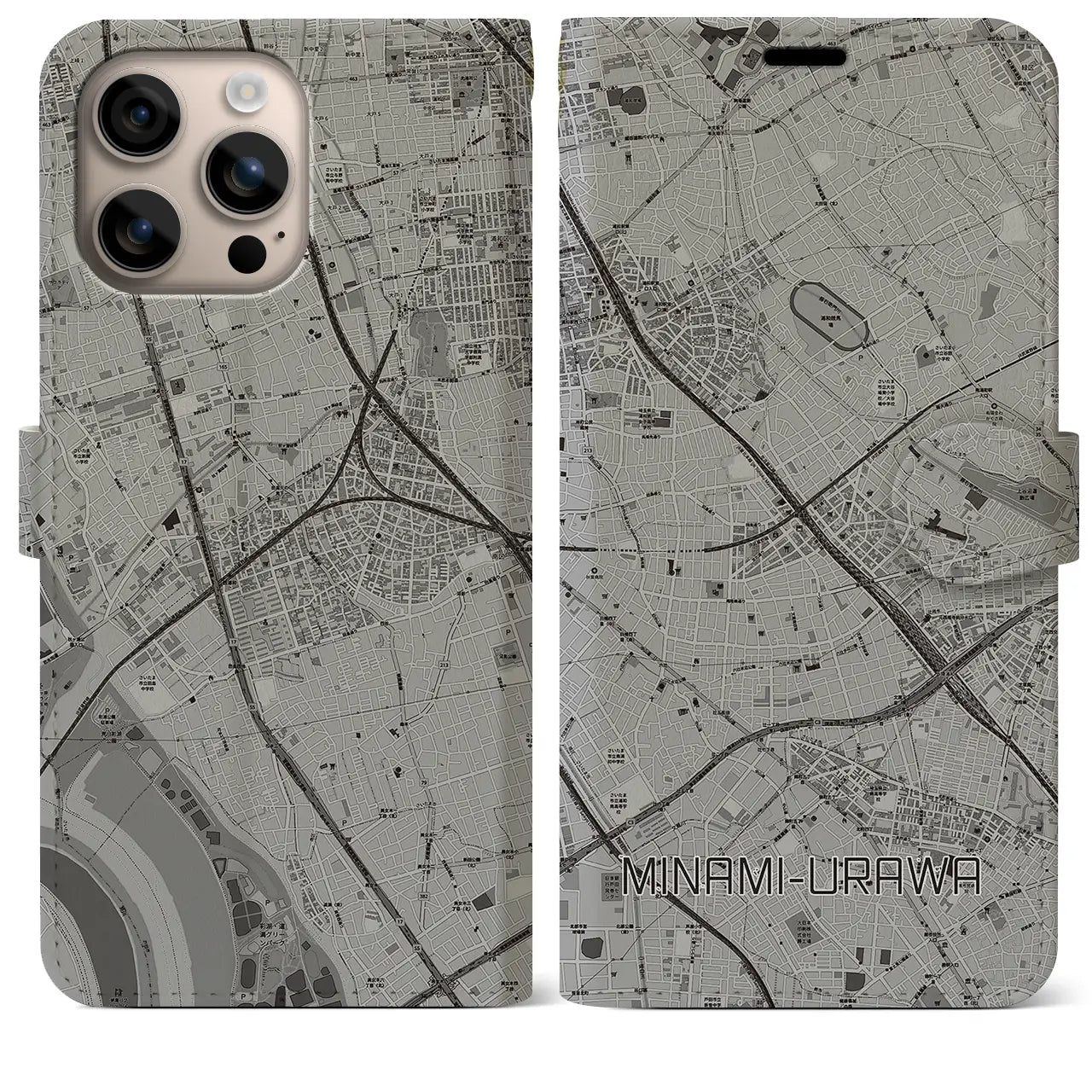 【南浦和(埼玉県)】地図柄iPhoneケース(手帳タイプ)モノトーン・iPhone 16 Plus 用