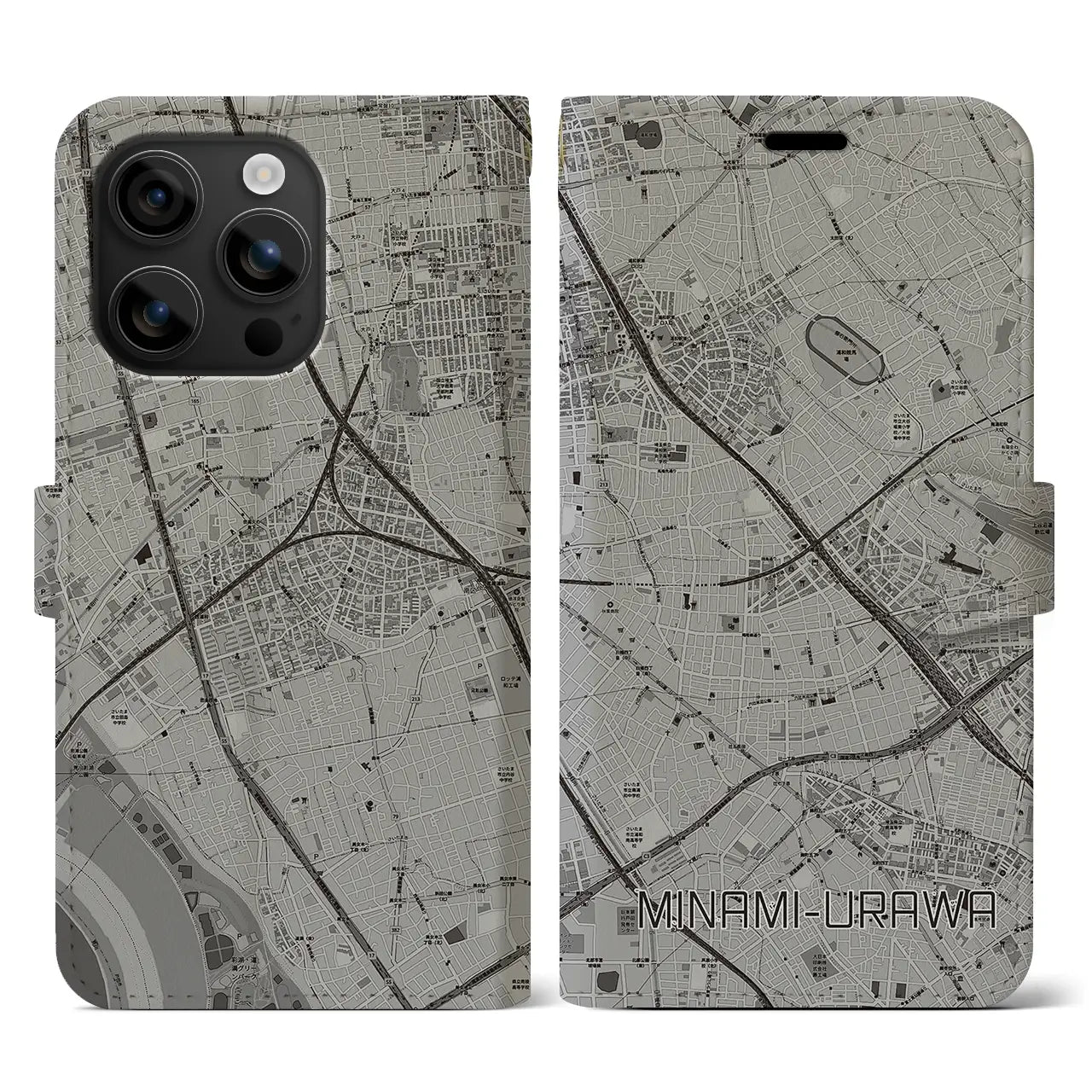 【南浦和(埼玉県)】地図柄iPhoneケース(手帳タイプ)モノトーン・iPhone 16 用